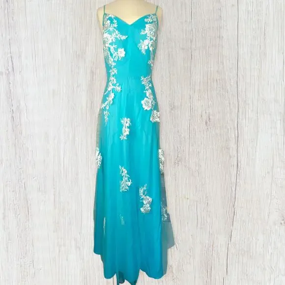 New Formal Sky Blue Flower Floral Lace Overlay Mesh Prom Wedding Gown Maxi Dress - Picture 5 of 5